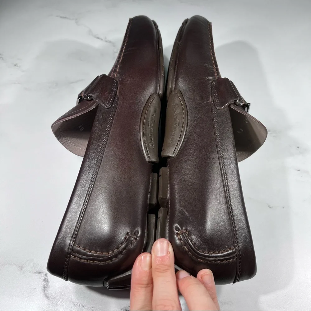 Salvatore Ferragamo Peter Hickory Light Grey Leather Slip On Driver Loafers